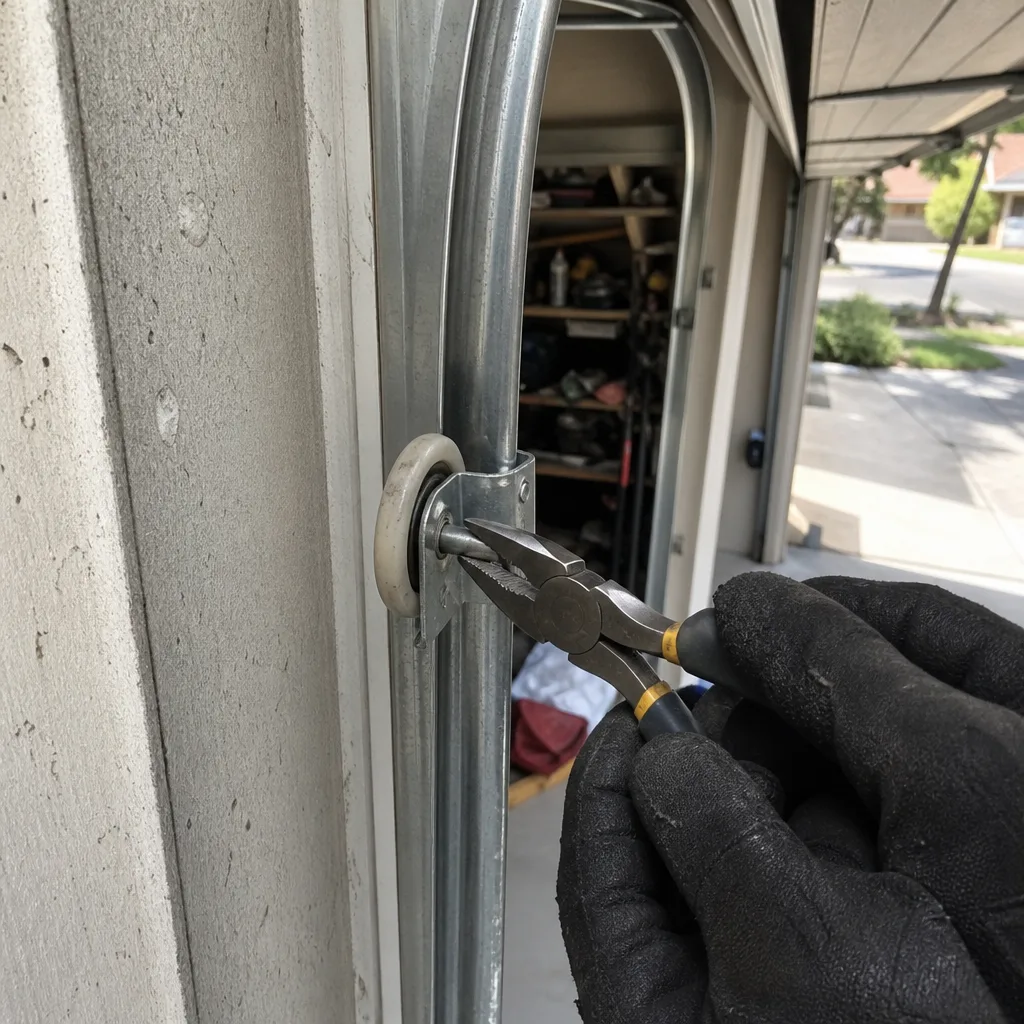 Technician repairing a nylon garage door roller in a metal track