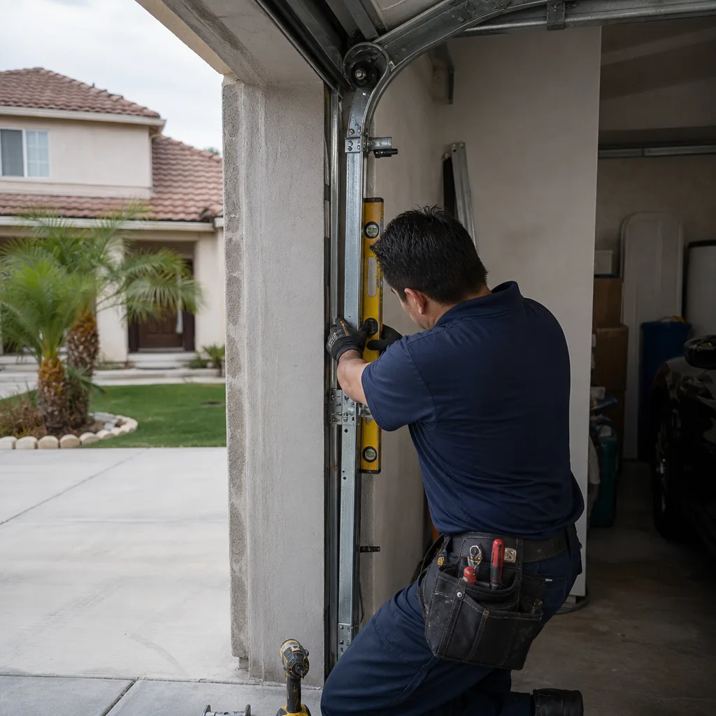 Technician using a level to install a new garage door track