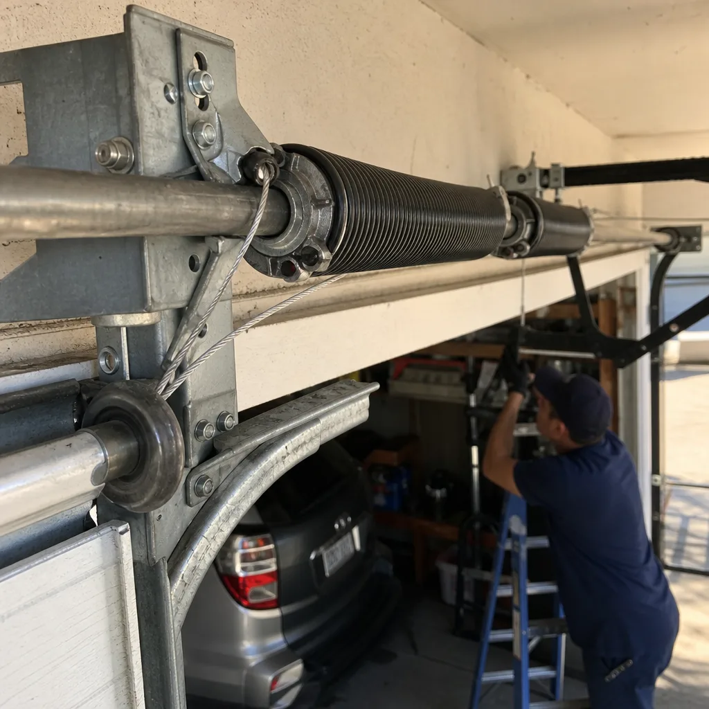 Technician performing professional garage door spring repair service